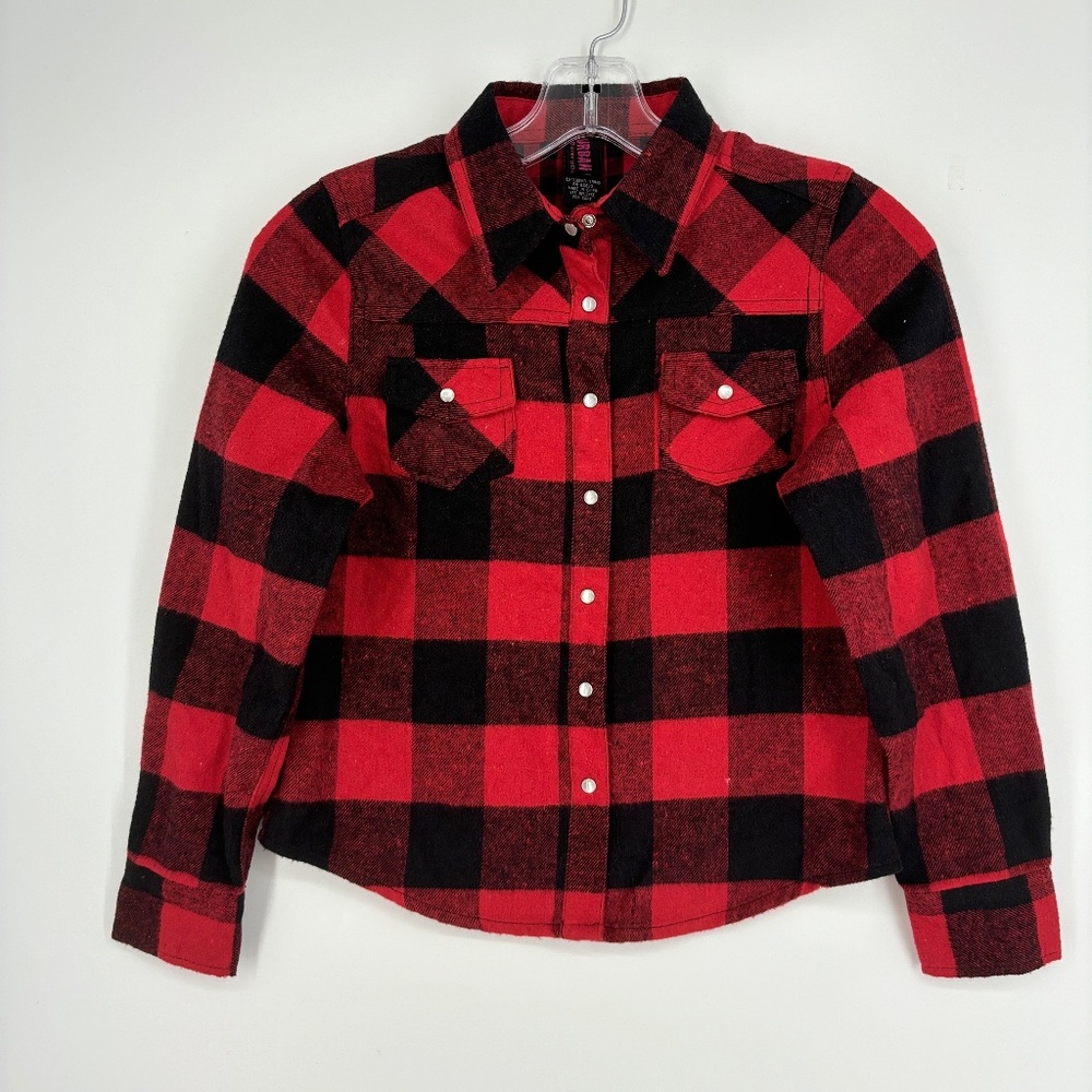 Urban Groove Boys Kids Medium Pearl Snap Shirt Red Black Buffalo Check Flannel